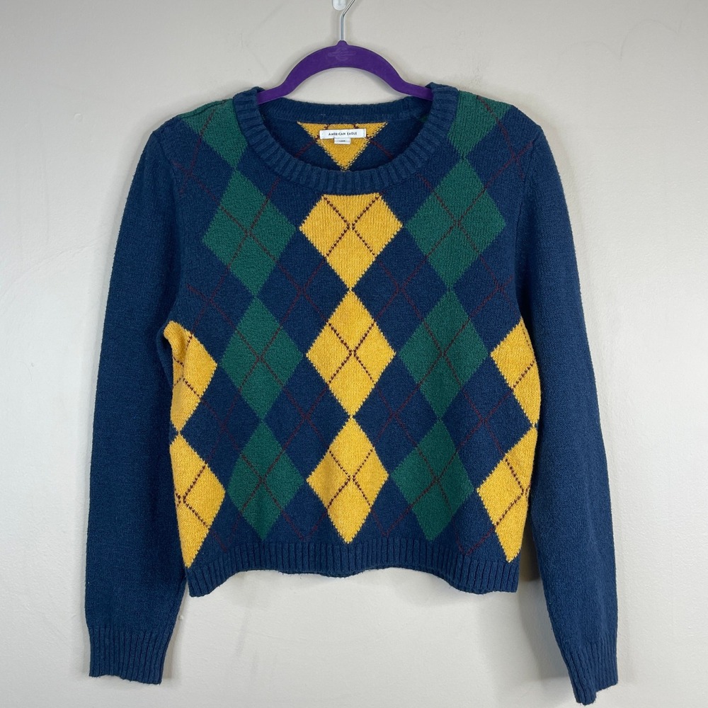 American Eagle Argyle Preppy Sweater Womens Large Blue‎ Academia Ivy League Cozy